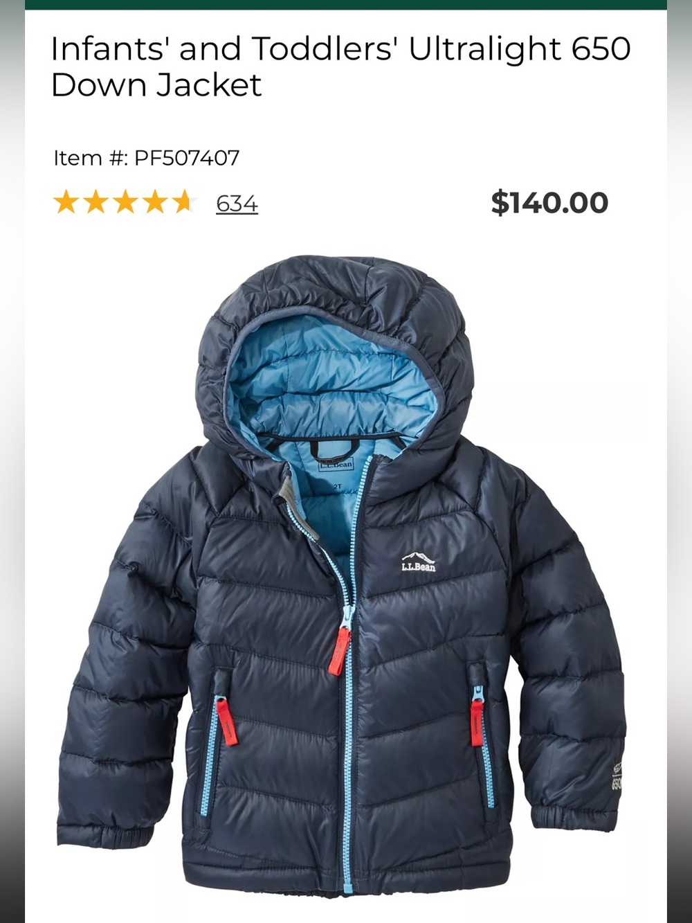 L.L. Bean Toddler Ultralight 650 Down Jacket